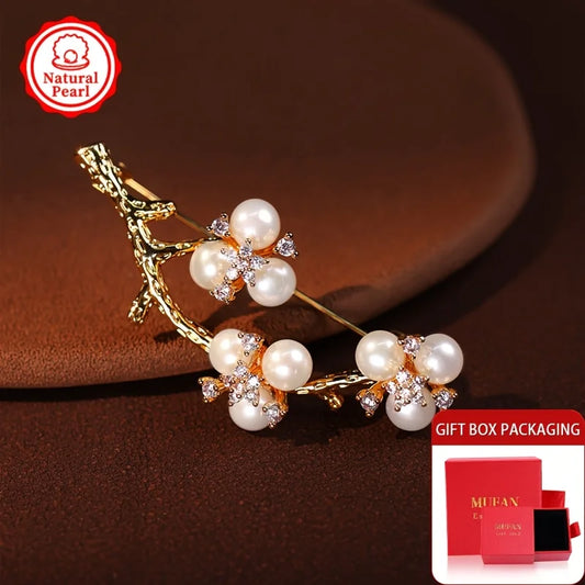 Mufan 5-6mm Flat Freshwater Pearl Brooch | Plum Blossom Design Natural Pearls Vintage Gift for Mom/Wedding