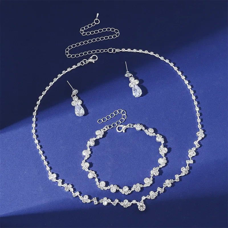 Glamorous Black & Silver Crystal Jewelry Set with Long Tassel Rhinestone Earrings