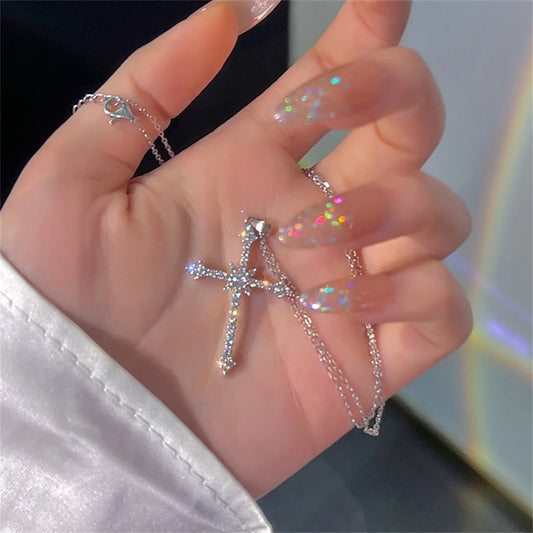 Dazzling Crystal Cross Star Pendant Necklace