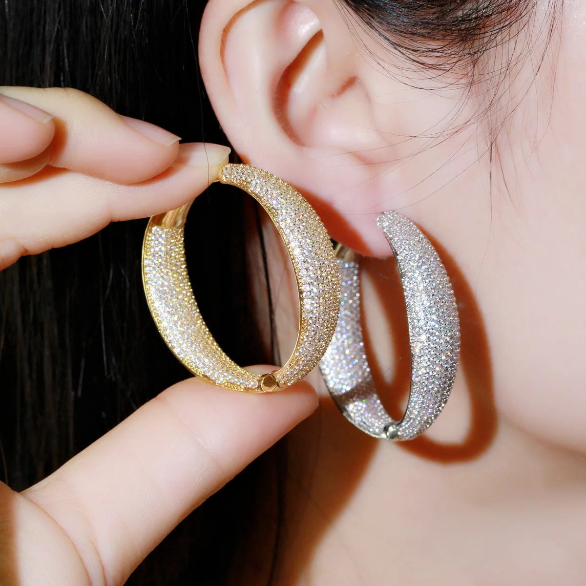 Luxurious Micro Pave Cubic Zirconia Round Big Statement Hoop Earrings
