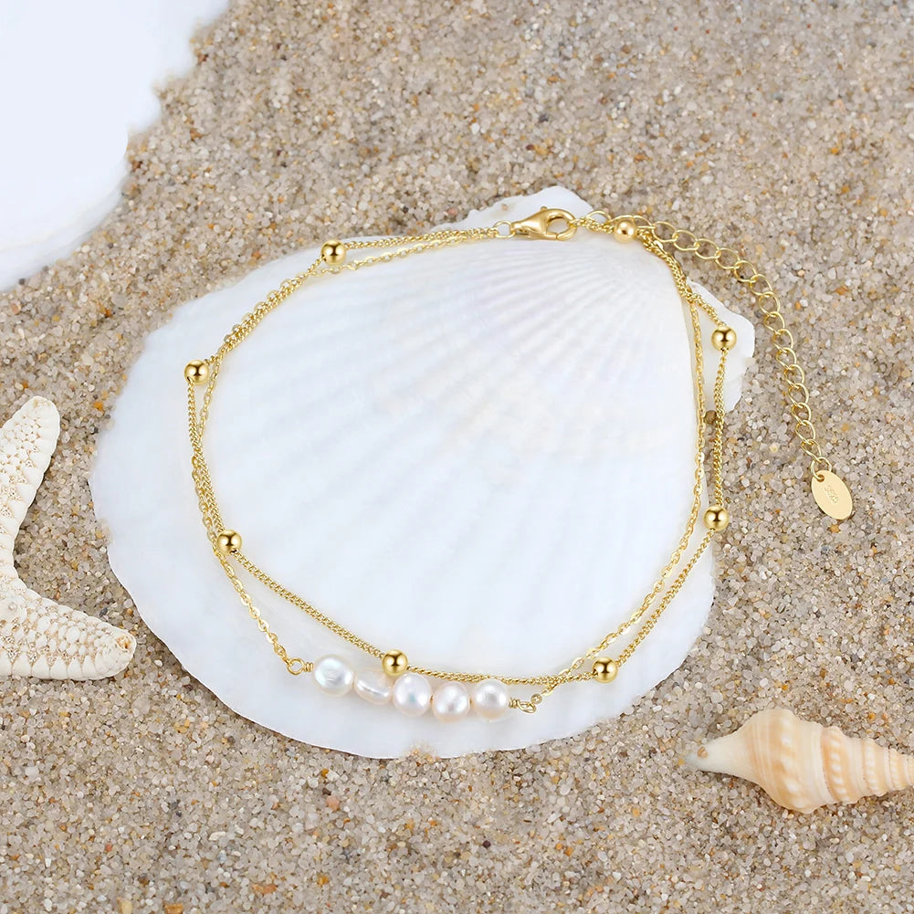 Delicate Layered Natural Pearl Chain Anklet