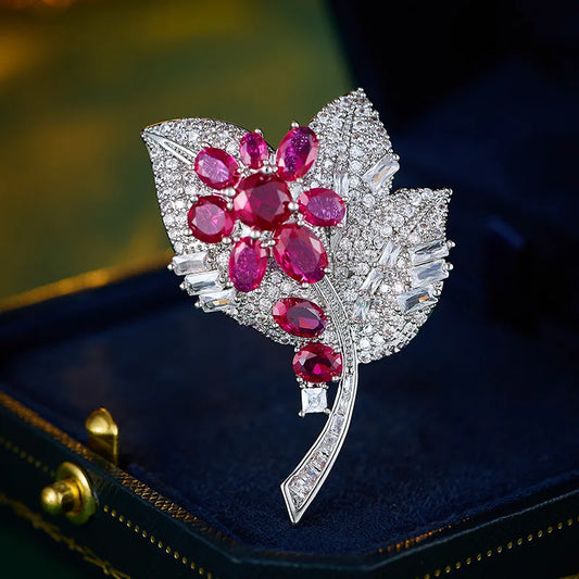 Shimmering Ruby Leaves Flower Brooch