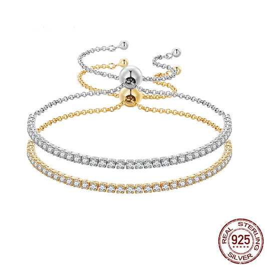 Radiant CZ Tennis Slider Adjustable Bracelet – 14K Gold Plated, 925 Sterling Silver