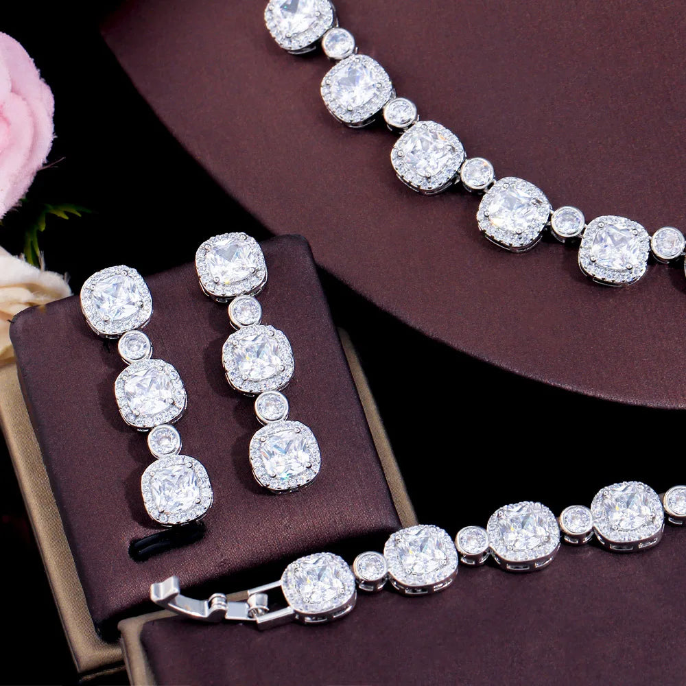 Sleek 4Pcs Square Cubic Zirconia Paved Jewelry Sets