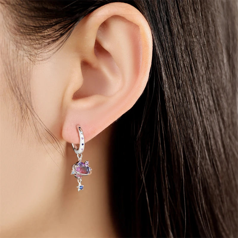 Adorable Color Heart Charm 925 Sterling Silver Hoop Earrings