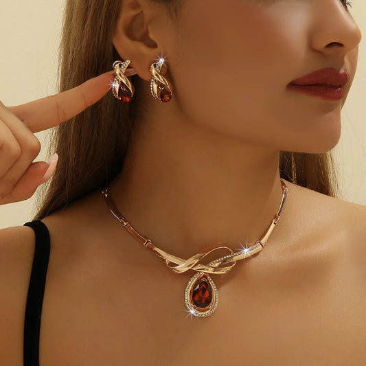 Luxury Gold Plated Dark Brown Crystal Necklace Earrings Jewelry Sets