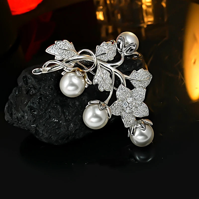 Vintage Camellia Vine Zircon Brooch with Shell-Pearl