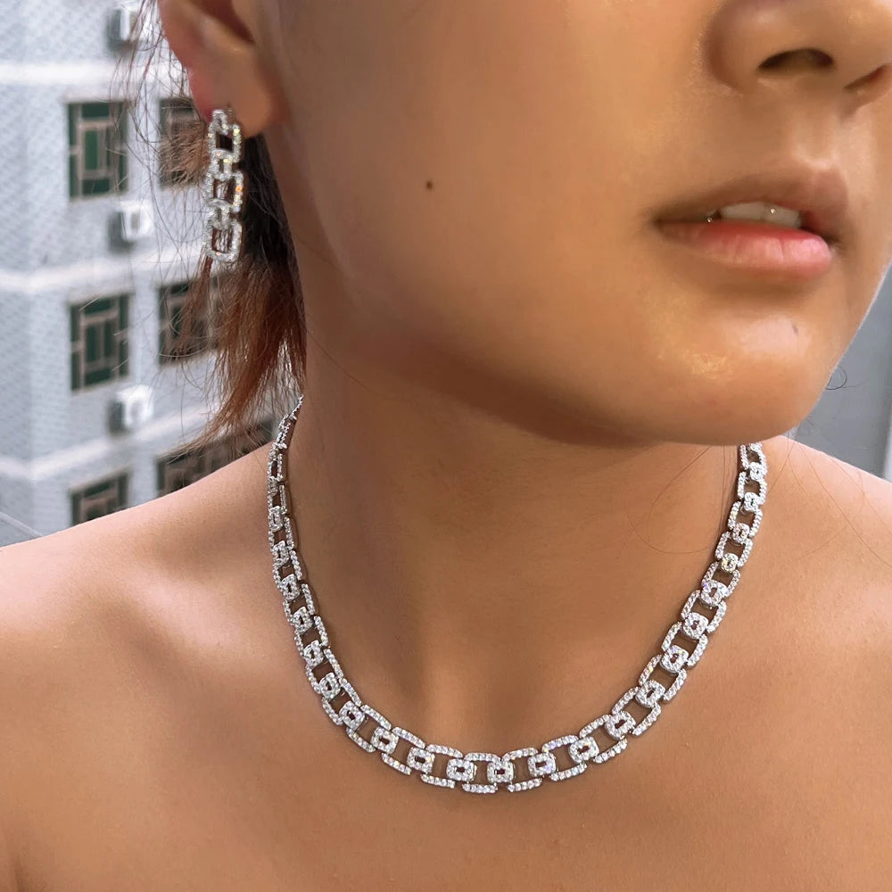 Sleek CWW Cubic Zirconia Cuban Chain Link Necklace and Earrings Jewelry Sets