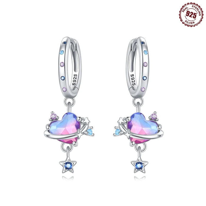 Adorable Color Heart Charm 925 Sterling Silver Hoop Earrings