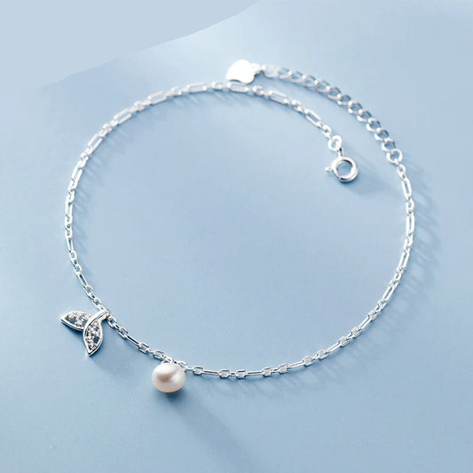 Delicate 925 Sterling Silver Pearl Bead Bracelet & Adjustable Figaro Chain Anklet with Mermaid Tail Charm