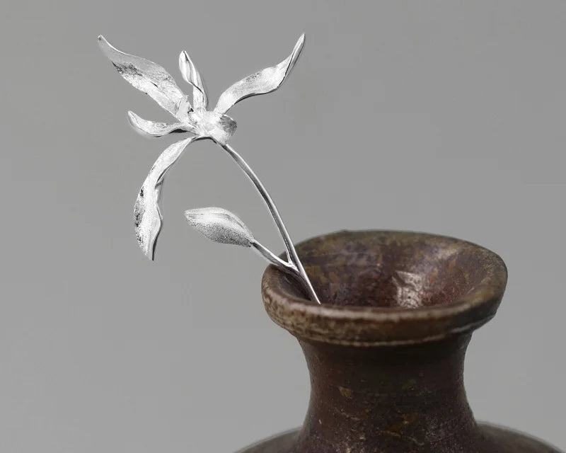 Trendy 925 Sterling Silver 3D Orchid Flower Brooch