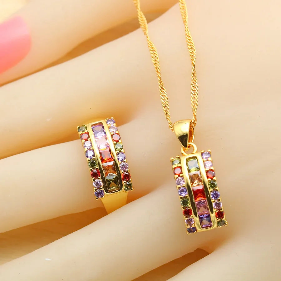 Vibrant Square Multicolor Zirconia Gold-Plated Jewelry Set