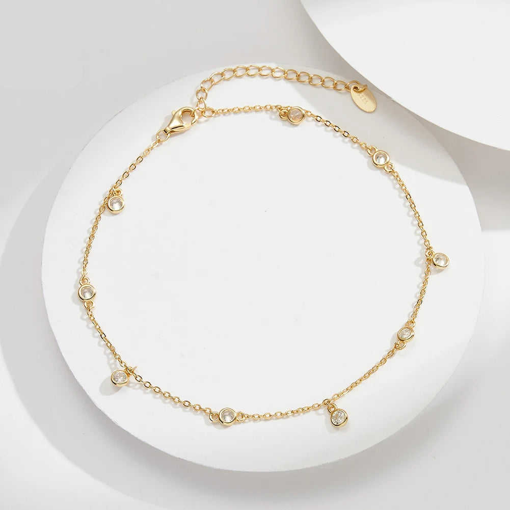 Classic 925 Sterling Silver With Round Zircon Adjustable Anklet