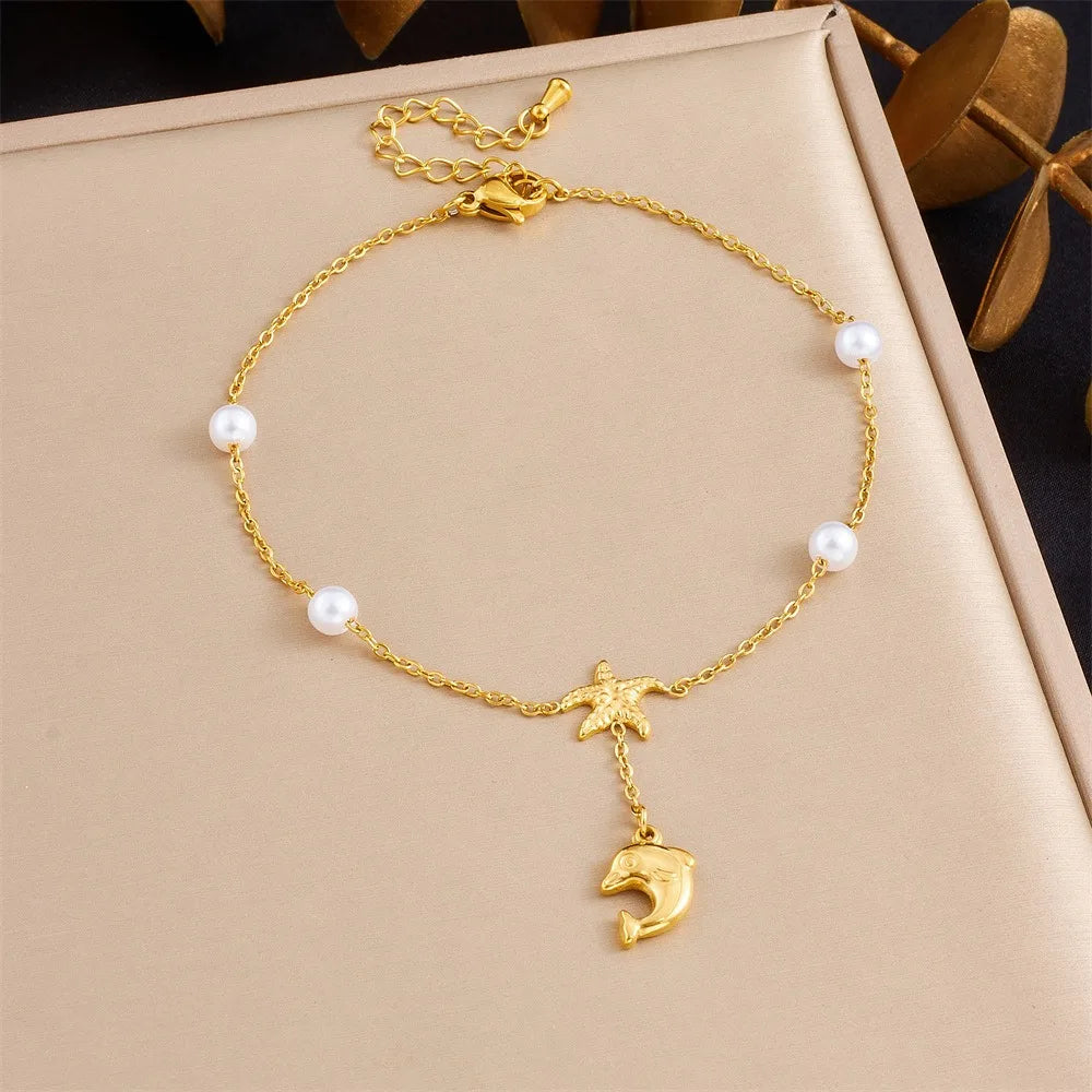 Classic Stainless Steel Dolphin Starfish Shell Pendant Pearl Anklet