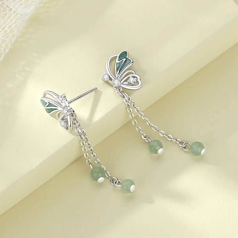 Elegant Green Crystal Butterfly Tassel Earrings – S925 Silver Fashion Design