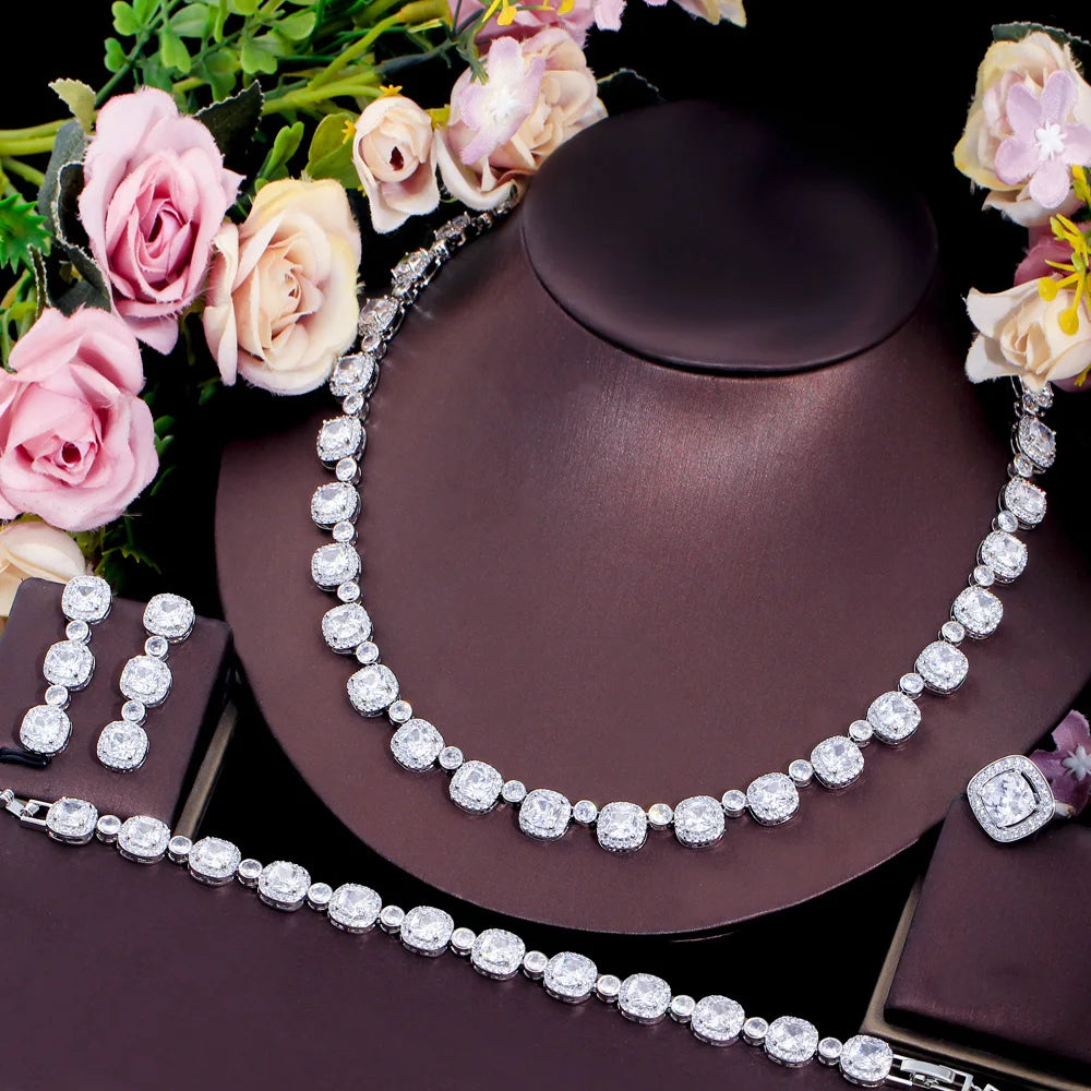 Sleek 4Pcs Square Cubic Zirconia Paved Jewelry Sets
