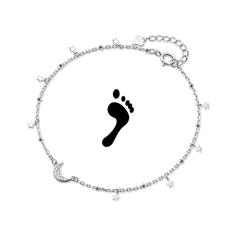 Dazzling 925 Sterling Silver CZ Moon Star Anklets