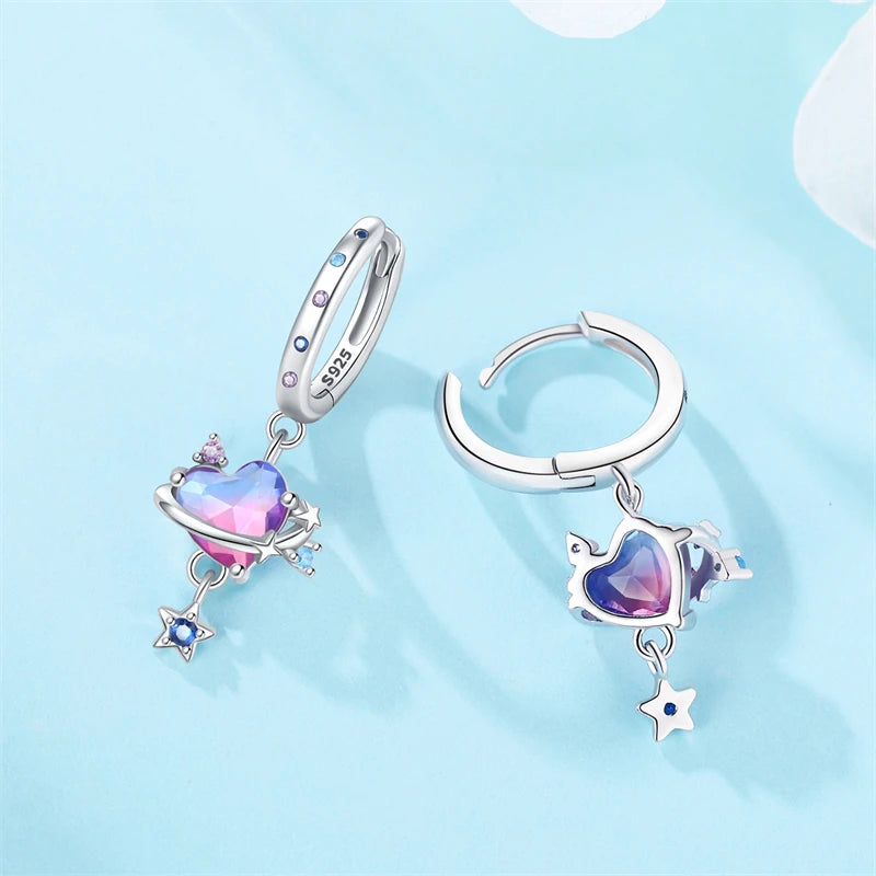 Adorable Color Heart Charm 925 Sterling Silver Hoop Earrings