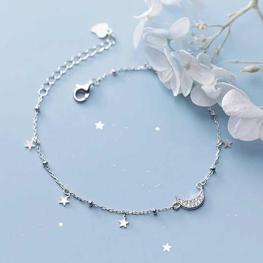 Dazzling 925 Sterling Silver CZ Moon Star Anklets