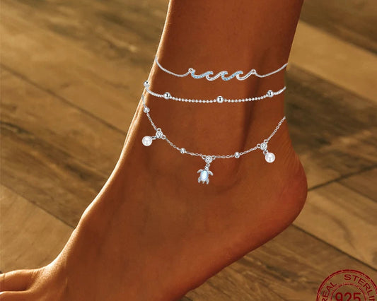 Charming 925 Sterling Silver Turtle Shell Beach Anklet