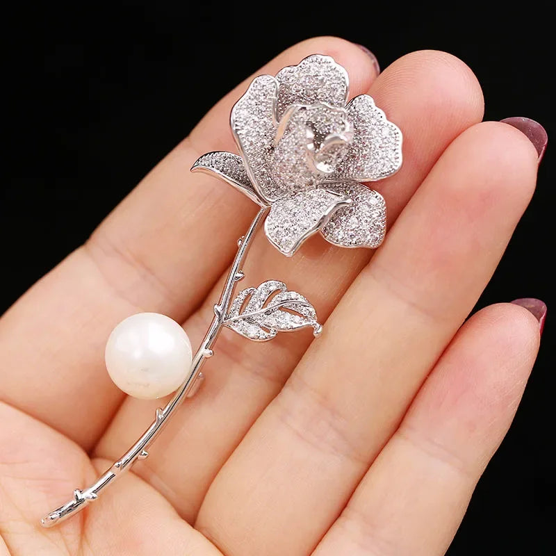 Luxury Cubic Zirconia Camellia Flower Brooch