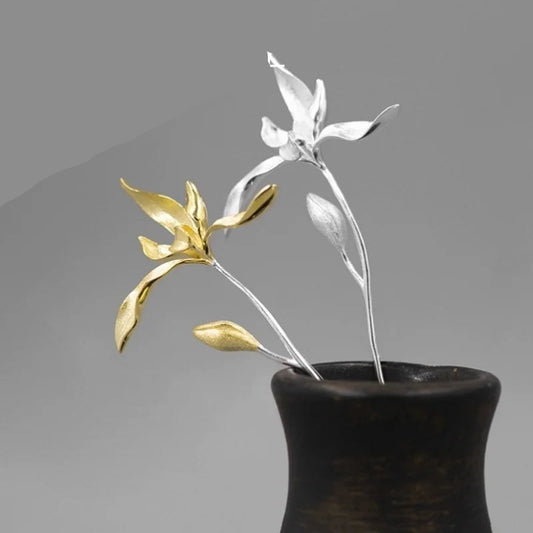 Trendy 925 Sterling Silver 3D Orchid Flower Brooch