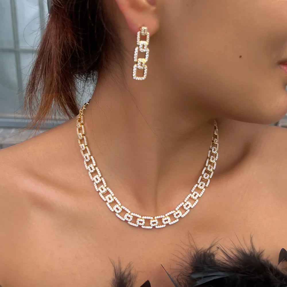 Sleek CWW Cubic Zirconia Cuban Chain Link Necklace and Earrings Jewelry Sets