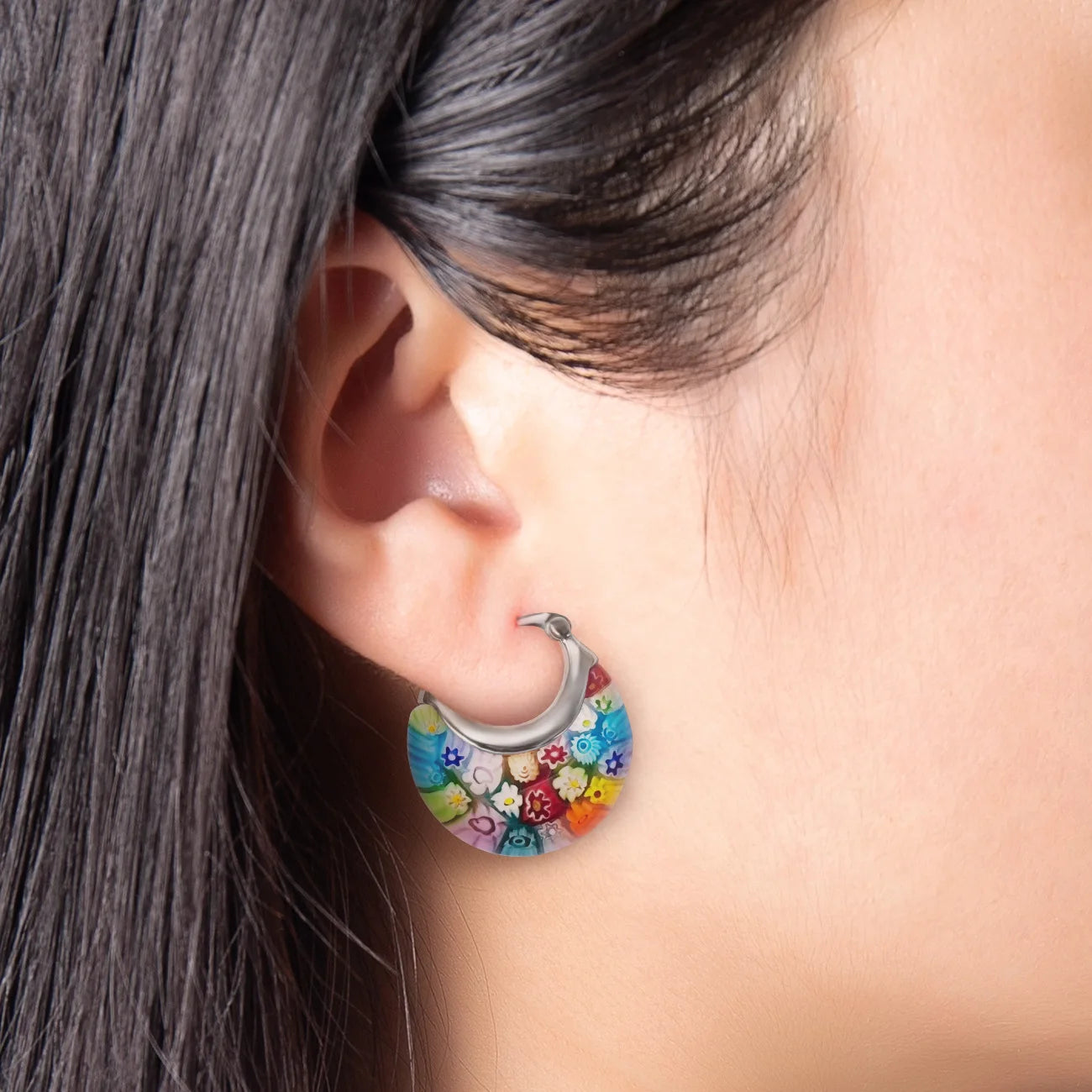 Colorful Glass Daisy Flower Stainless Steel Hoop Earrings