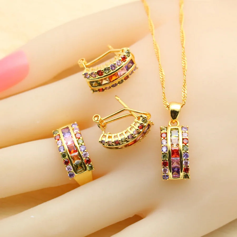 Vibrant Square Multicolor Zirconia Gold-Plated Jewelry Set