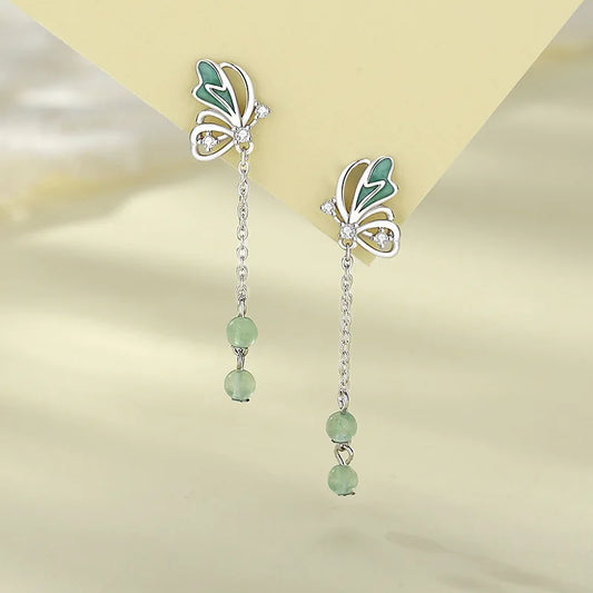 Elegant Green Crystal Butterfly Tassel Earrings – S925 Silver Fashion Design