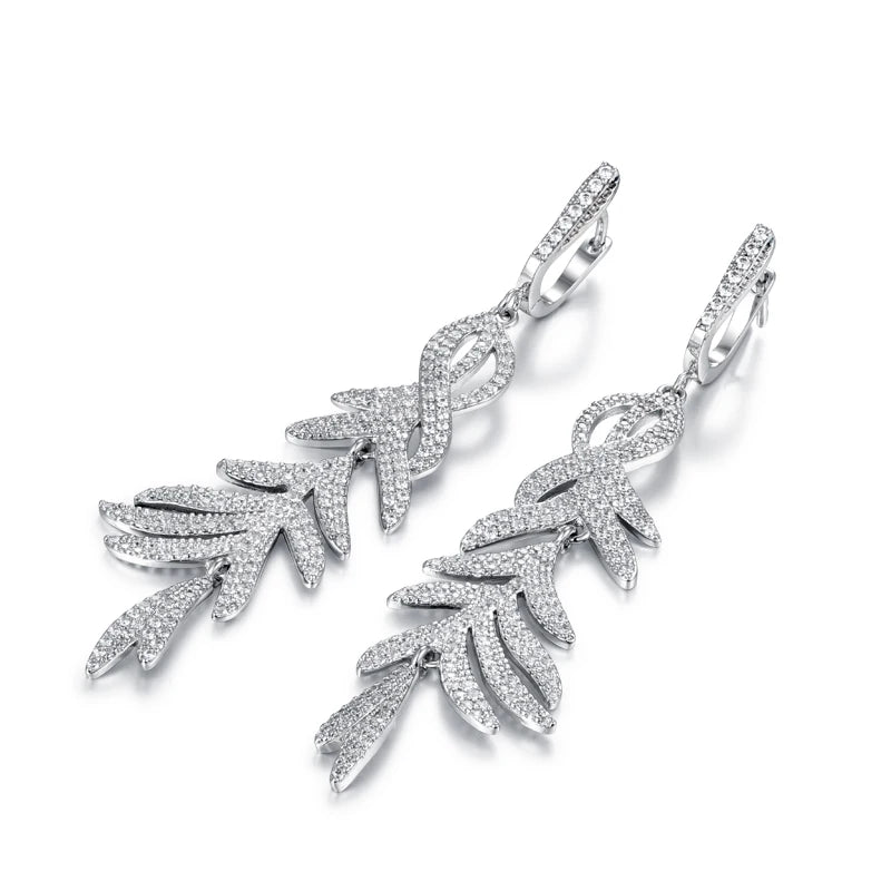 Sparkling White Cubic Zirconia Dangling Leaf Earrings