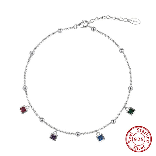 Vibrant Waterproof Colorful Cubic Zirconia 925 Sterling Silver Anklet Bracelet