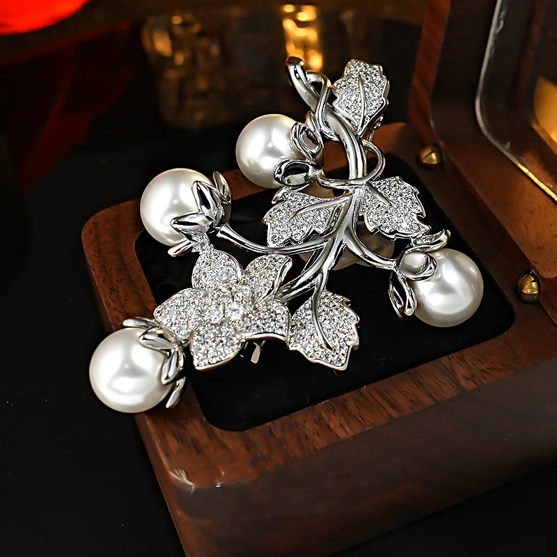 Vintage Camellia Vine Zircon Brooch with Shell-Pearl