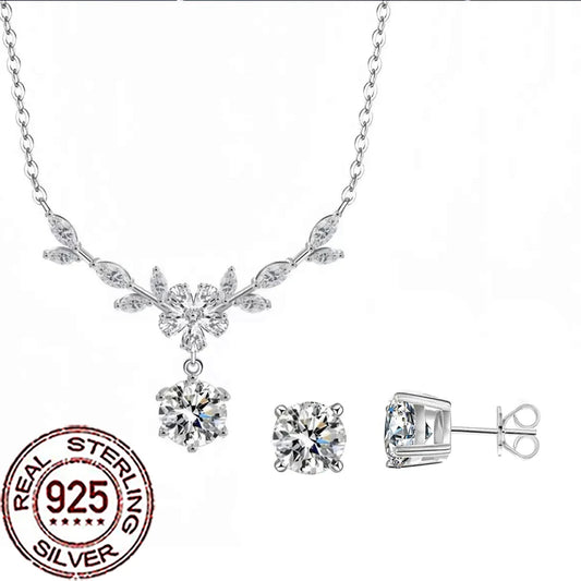 Delicate Zircons 925 Sterling Silver Leaf Flower Jewelry Set