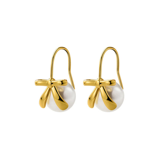 Elegant 925 Sterling Silver Bow Ribbon Real Fresh Water Pearl Earrings
