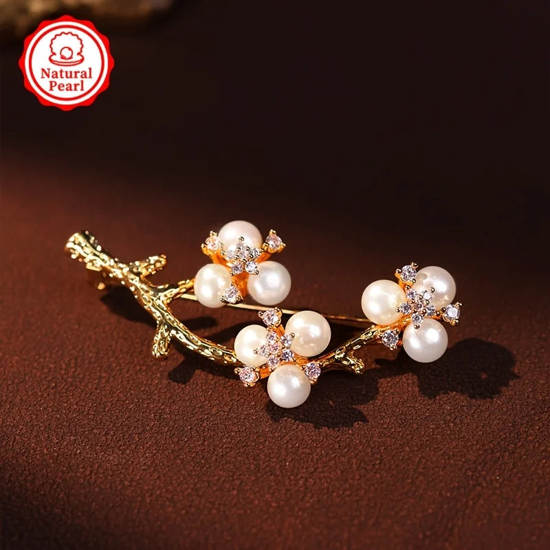 Mufan 5-6mm Flat Freshwater Pearl Brooch | Plum Blossom Design Natural Pearls Vintage Gift for Mom/Wedding