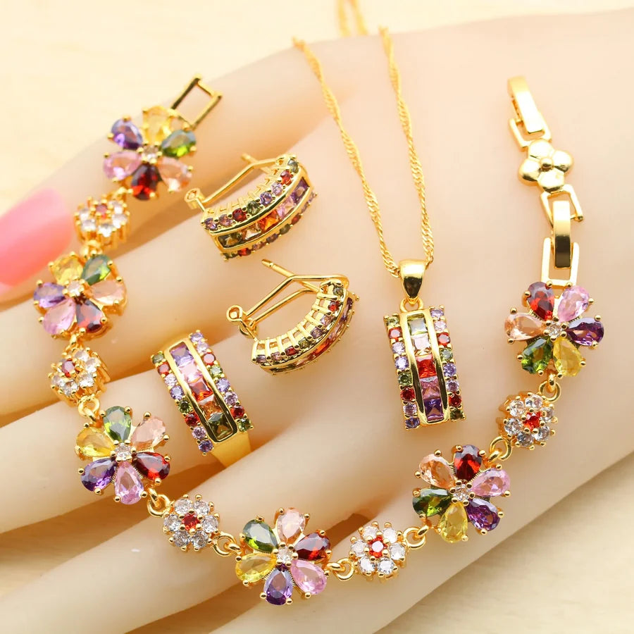 Vibrant Square Multicolor Zirconia Gold-Plated Jewelry Set