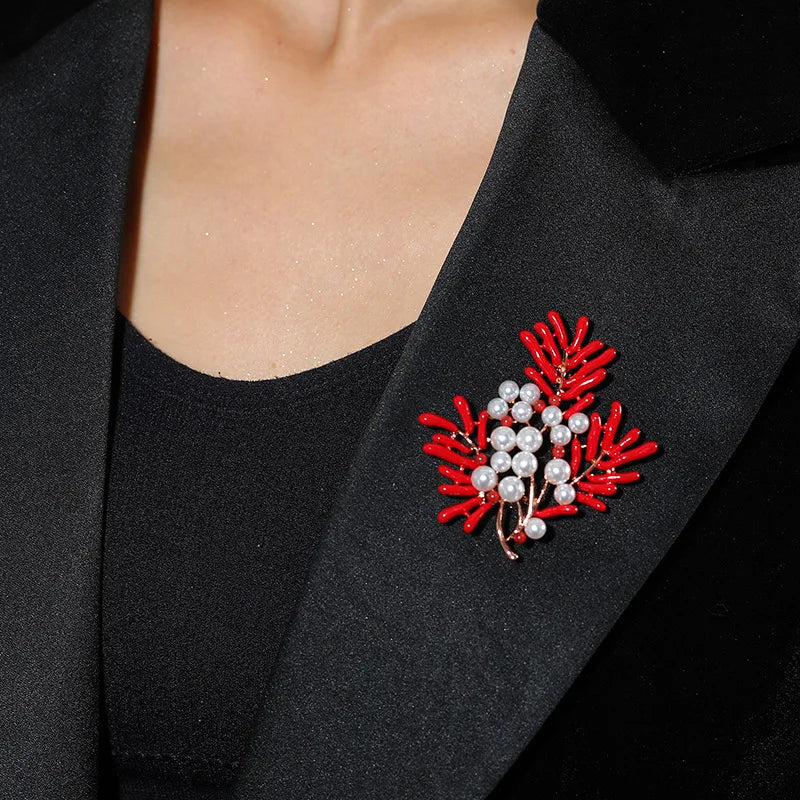 Luxury  Red Maple Leaf Coral Pearl Brooch