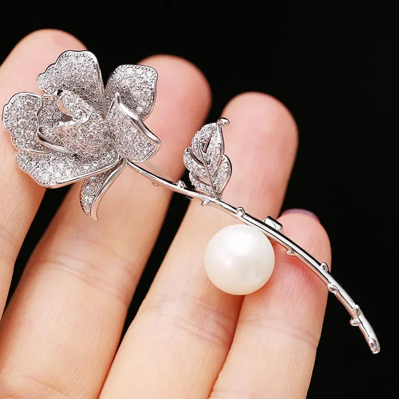 Luxury Cubic Zirconia Camellia Flower Brooch