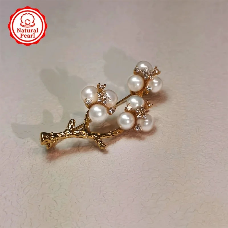 Mufan 5-6mm Flat Freshwater Pearl Brooch | Plum Blossom Design Natural Pearls Vintage Gift for Mom/Wedding